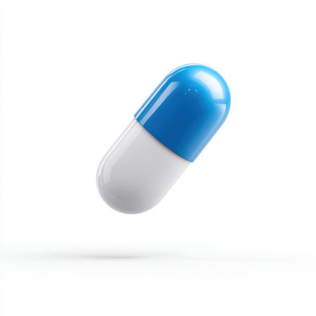 Floating Blue and White Capsule in Mid-Air with a Clean White Background for Medical and Pharmaceutical Imageryの素材