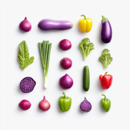 Colorful Arrangement of Fresh Vegetables on White Background Showcasing Green, Yellow, Red, and Purple Produce for Healthy Eating and Cooking Inspirationの素材
