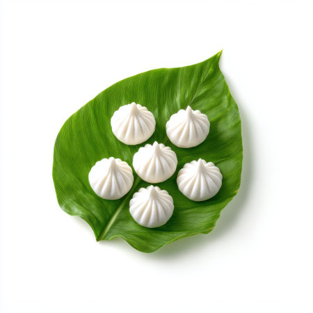 Delicate round dumplings presented on a vibrant green leaf, creating a stunning contrast in a minimalist food composition for culinary enthusiastsの素材