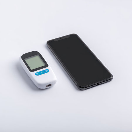 Modern digital thermometer and smartphone placed on a clean surface with a minimalistic style for health technology and home healthcare solutionsの素材