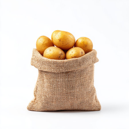 Freshly Harvested Potatoes in a Rustic Jute Sack on a Clean White Background Ideal for Organic Food and Farm Market Conceptsの素材