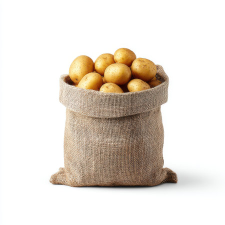 Freshly Harvested Potatoes in a Natural Burlap Sack on a White Background for Food and Agriculture Themesの素材