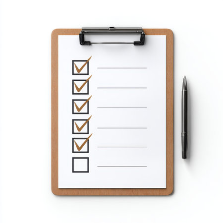 Checklist on Clipboard with Checked Items and Empty Box for Future Tasks, Pen Placed Alongside for Planning and Organization Purposesの素材