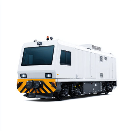 Modern Utility Train on Railway Tracks with Vibrant White Exterior and Distinctive Yellow and Black Stripes for Urban Transportation Needsの素材