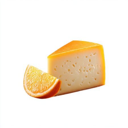 Fresh Yellow Cheese with Sweet Orange Slice Perfect for Gourmet Cheese Board and Culinary Presentation in Bright White Backgroundの素材