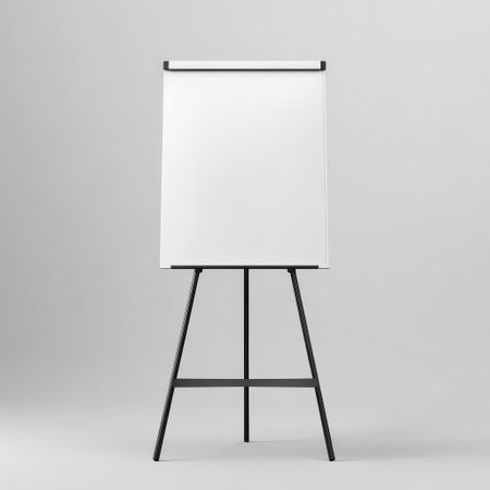 Blank whiteboard on easel in a minimalist studio setting, ready for presentations, brainstorming sessions, or creative ideas and illustrationsの素材