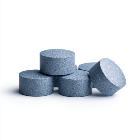 Blue Tablets Stacked Neatly on a White Background, Ideal for Pharmaceutical or Wellness Related Projects, Product Promotion, and Health Illustrationsの素材