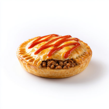 Delicious savory pie filled with tender meat, topped with ketchup, served on a clean white background, ideal for food photography and culinary inspirationの素材