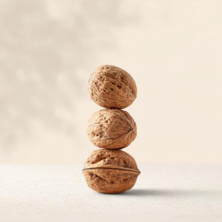 Three stacked walnuts on a clean surface with a soft blurred background, perfect for healthy food concepts or organic product displaysの素材