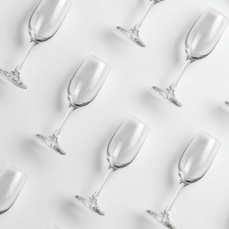 Elegant arrangement of clear glass champagne flutes against a minimalist background, perfect for celebrations, events, and special occasions photographyの素材