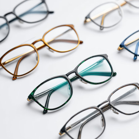 Different Stylish Eyeglasses Displayed on a Light Background Showcasing Various Frame Designs and Colors for Fashion and Vision Correction Needsの素材