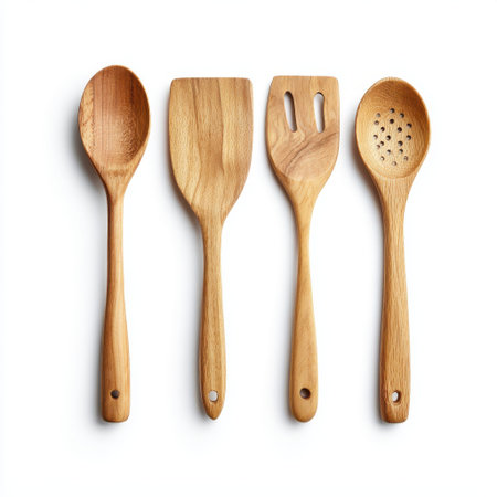 Collection of Wooden Kitchen Utensils Including Spoon, Spatula, Slotted Turner, and Strainer on White Background for Cooking and Food Preparation Useの素材