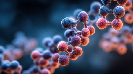 Colorful Close-Up of Molecular Structure with Intricate Details and Dramatic Lighting Illustrating the Beauty of Scientific Discoveries in Biologyの素材