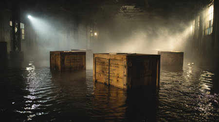 Mysterious abandoned warehouse with waterlogged wooden crates surrounded by mist and dramatic lighting showcasing an eerie and atmospheric sceneの素材