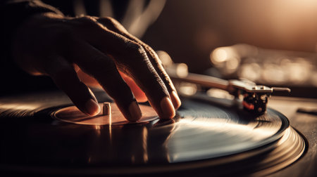 Close-Up of a DJ's Hand Touching a Spinning Vinyl Record on Turntable in a Warmly Lit Studio Environment for Music Lovers and Enthusiastsの素材