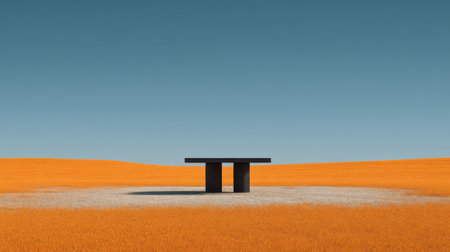 Minimalist black table in vibrant orange field under clear blue sky, showcasing the contrast of colors and simplicity of design in a serene landscapeの素材