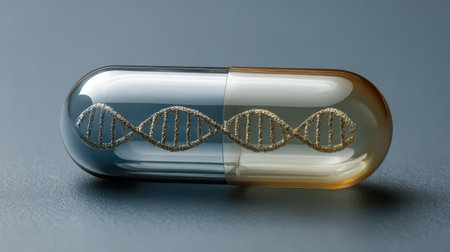 Futuristic Capsule with DNA Helix Design Representing Genetic Research and Biotechnology Innovations in Modern Medicine and Healthの素材
