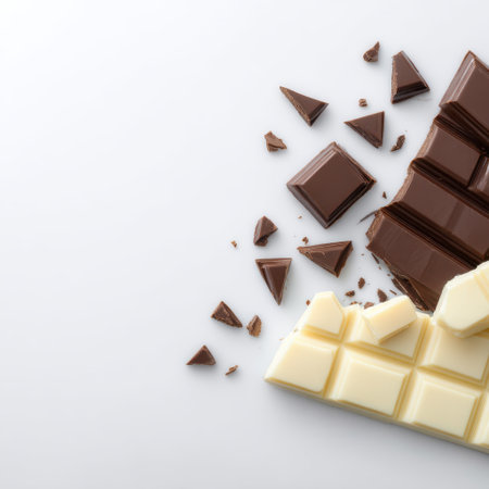 An Artistic Arrangement of Dark and White Chocolate Pieces on a Clean White Surface, Perfect for Culinary and Dessert Related Themesの素材
