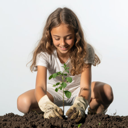 Young girl planting a small green plant in fresh soil with a joyful expression, emphasizing love for nature and environmental responsibility in a bright settingの素材