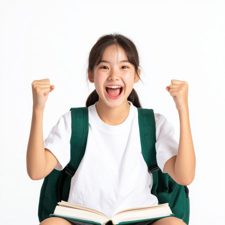 Cheerful young girl celebrating with raised arms, wearing casual outfit and backpack, holding an open book in bright studio settingの素材