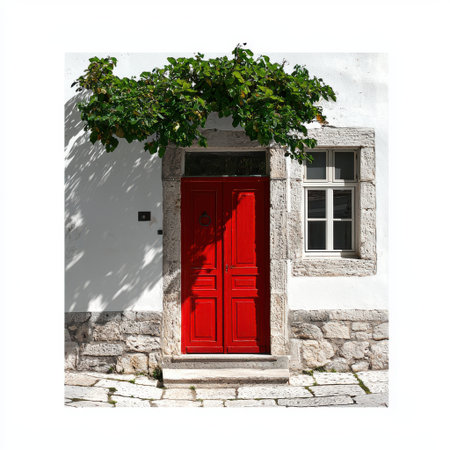 Red Door Framed by Green Vines in Charming Stone Building Capturing Mediterranean Architectural Beauty and Natural Elements in Sunny Daylightの素材