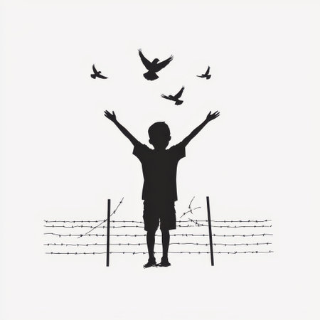 Silhouette of a Child with Outstretched Arms Surrounded by Birds in Flight, Symbolizing Freedom and Hope Against a Barbed Wire Fenceの素材