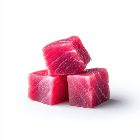 Fresh and Vibrant Pink Tuna Cubes Presented on a White Background for Culinary and Seafood Dishes and Creative Food Photography Conceptsの素材