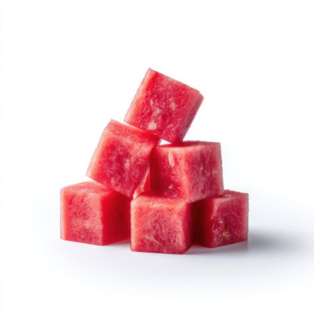 Fresh Watermelon Cubes Stacked Against White Background Displaying Natural Texture and Vibrant Color for Healthy Summer Snack Inspirationの素材
