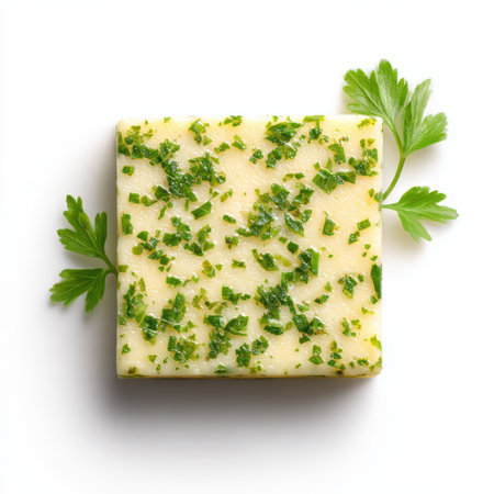 Fresh Herb-Infused Cheese Block with Parsley Garnish on Clean White Background for Culinary and Food Photography Themesの素材