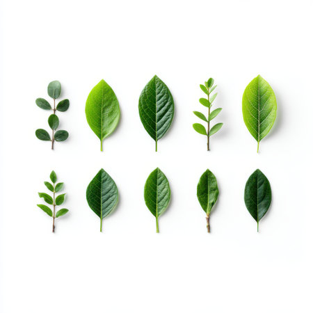 Diverse Collection of Fresh Green Leaves Arranged Symmetrically on a White Background, Showcasing Nature's Beauty and Texture Variationsの素材