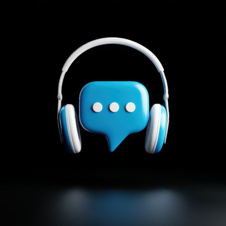 Blue headphones with speech bubble design against black background for communication and conversation themes in digital media and technology settingsの素材