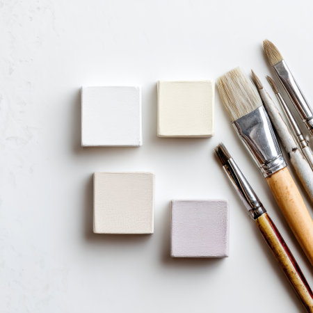 Minimalist Art Supplies with Paint Squares and Brushes on a Light Background for Creative Projects and Artistic Inspiration in Studio Environmentの素材