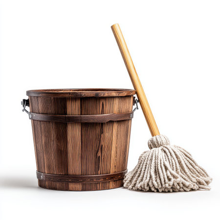 Rustic wooden bucket with a classic mop featuring natural fibers, ideal for cleaning, home maintenance, and vintage decor in modern spaces.の素材