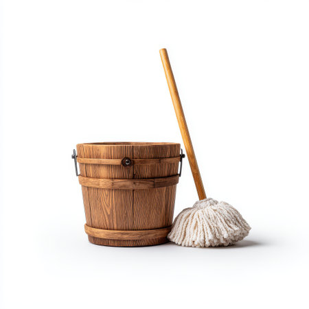 Wooden Bucket with Mop Ready for Cleaning, Vintage Home Care Supplies for Effective Floor Hygiene in Domestic and Commercial Spacesの素材