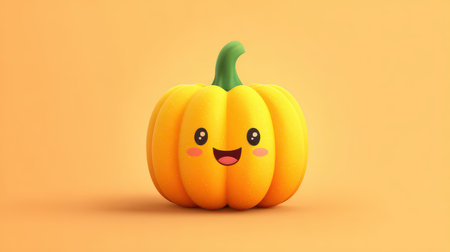 Cute and Cheerful Cartoon Pumpkin Character with a Happy Face against a Bright Orange Background, Perfect for Fall and Halloween Themesの素材
