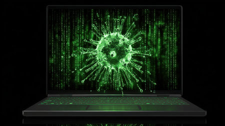 Futuristic laptop screen displaying a digital green virus graphic amidst green binary code, symbolizing technology and cybersecurity threats in a modern worldの素材