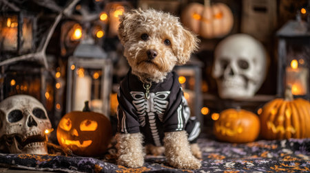 Adorable dog in a skeleton costume surrounded by Halloween decorations including pumpkins, skulls, lanterns, and spooky ambiance for festive celebrationの素材