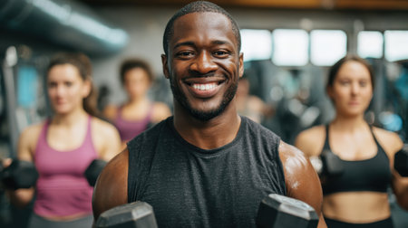 Motivated African American Man Holding Dumbbells in Fitness Center Surrounded by Diverse Group Engaged in Strength Training and Exercise Activitiesの素材