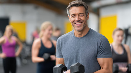Confident man in gym holding dumbbells, smiling at camera, with fitness enthusiasts training in background, showcasing healthy lifestyle and dedicationの素材