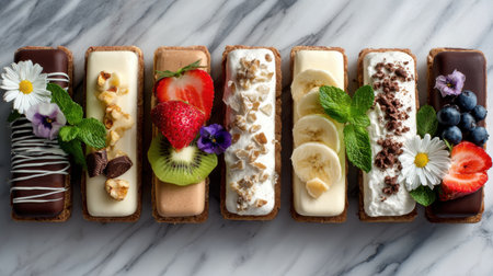 Delicious selection of colorful desserts on a marble surface showcasing fruits, flowers, nuts, and chocolates in a harmonious arrangement of flavorsの素材