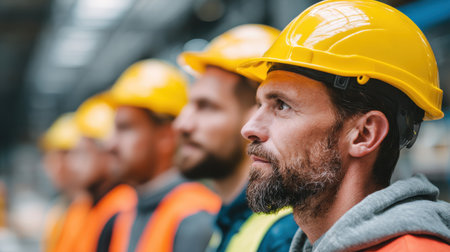 Close-Up Portrait of Engineering Team in Safety Helmets and Vests Standing in Industrial Warehouse with Focus and Determinationの素材