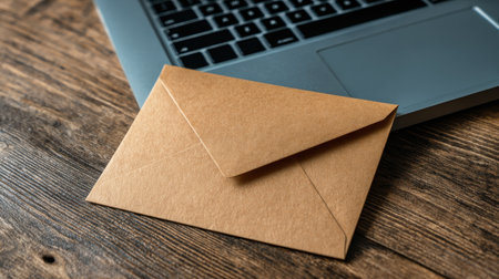 Brown envelope placed on wooden table near a laptop keyboard, symbolizing communication, correspondence, and digital connection in modern workspacesの素材