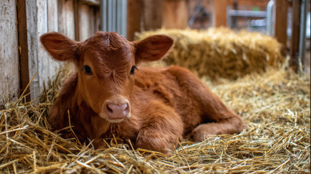 Adorable Young Calf Resting on Soft Straw in a Cozy Barn Setting, Capturing the Innocence of Farm Life in a Heartwarming Rural Environmentの素材