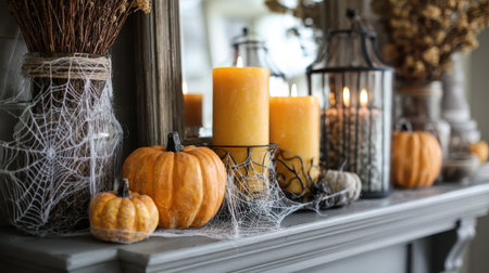 Cozy autumn decor featuring pumpkins, candles, and cobwebs on a stylish mantle for a festive Halloween atmosphereの素材