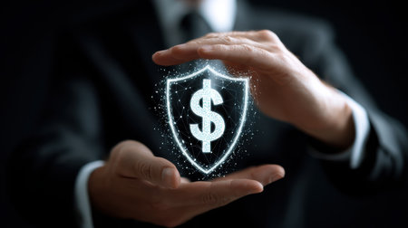 Hands of a businessman protecting a digital shield with a dollar sign symbolizing financial security and investment protection in a dark settingの素材