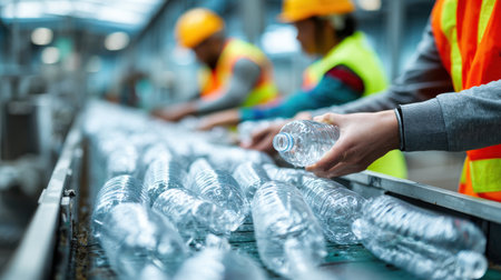 Workers Inspecting Clear Plastic Water Bottles on Production Line in Factory Setting with Safety Vests and Hard Hats in Bright Industrial Environmentの素材