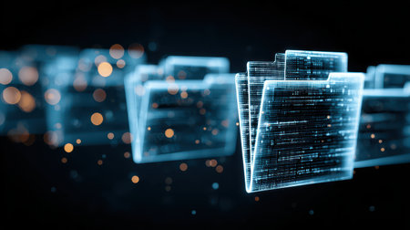 Digital Concept of Data Management with Virtual Folders and Glowing Particles on Black Background for Technology and Information Useの素材