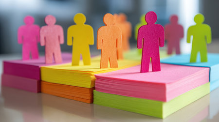 Colorful Paper Cutouts of People on Stacks of Sticky Notes in an Office Environment for Creative Project Management and Team Collaborationの素材