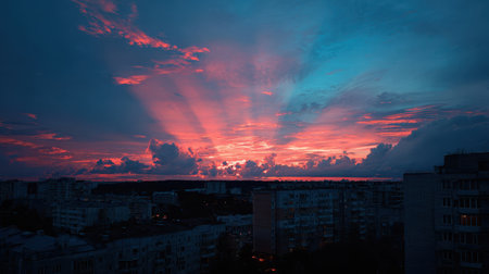 Breathtaking Sunset Over City Skyline with Vibrant Colors and Dramatic Rays of Light Illuminating the Cloudy Sky at Duskの素材