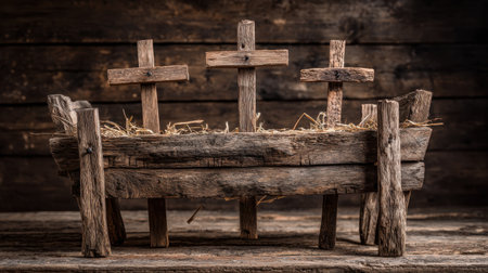Rustic Wooden Crib with Three Crosses and Hay on a Dark Wooden Background, Symbolizing Faith and Simplicity in a Spiritual Settingの素材